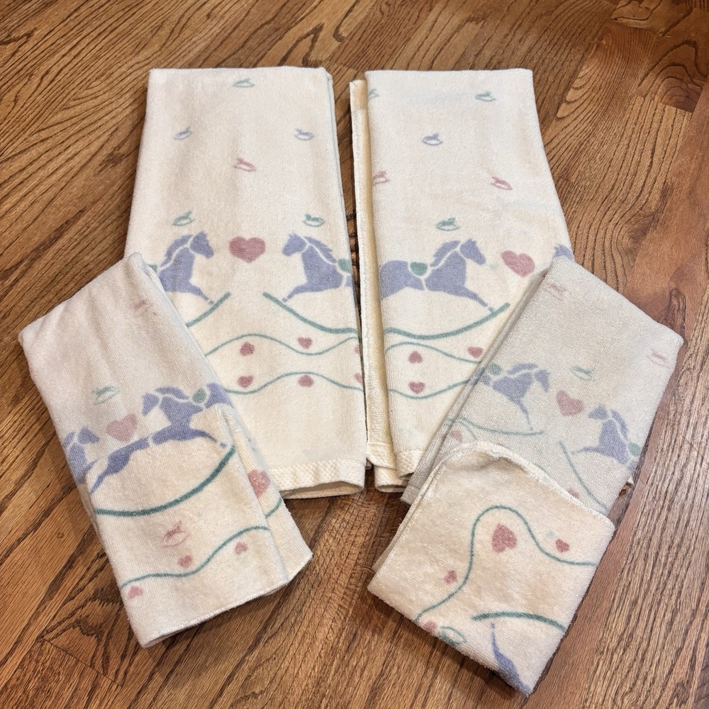 Vintage Fieldcrest Rocking Horse Bath Towel Set 6 Pc 100% Cotton Hearts Pastel